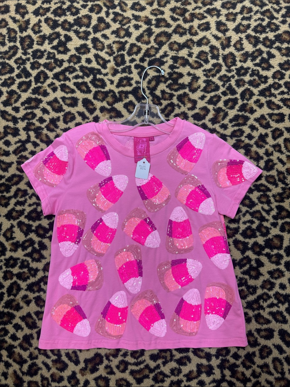 QUEEN OF SPARKLES Pink Short Sleeve Tee with Sequin Candy Appliqués
